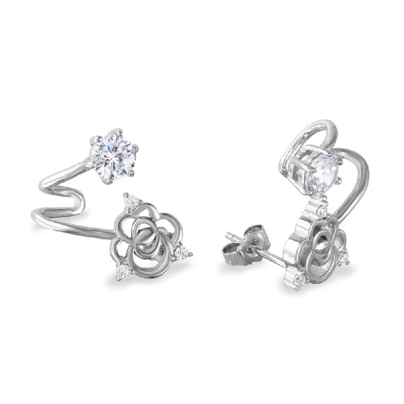 Ladies earrings aquamarine blue styles-Rhodium Plated 925 Sterling Silver Flower and Round CZ Folded Earrings - BGE00535