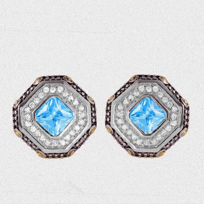 Ladies earrings gemstone cluster styles-Silver 925 Rhodium Plated Blue Cluster Earrings - STE00406TOPAZ