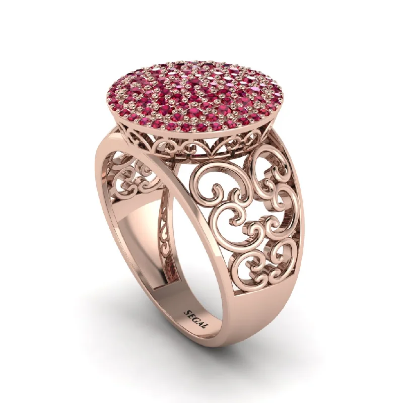 Ladies engagement rings gold designs-Ruby Signet Filigree Pave Engagement Ring - Rylie No. 11