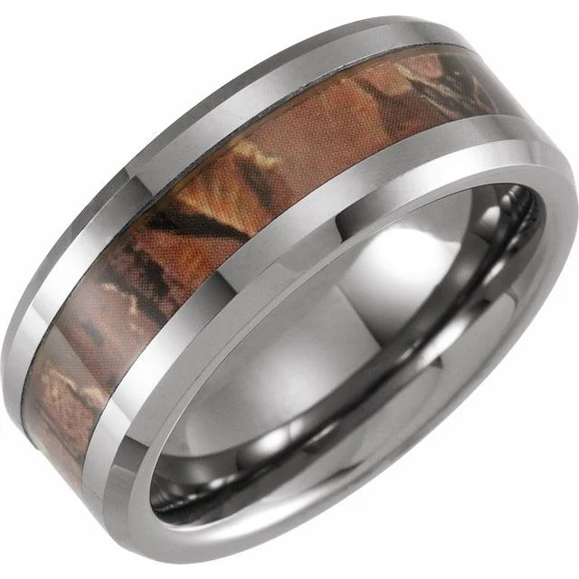 Ladies rings ceramic crafted styles-Tungsten 8 mm Beveled-Edge Band with Acacia Wood Inlay