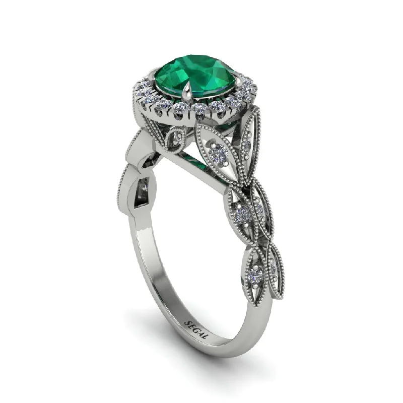 Ladies engagement rings fashion trends-Emerald Halo Nature Inspired Leaf Engagement Ring - Alessandra No. 6