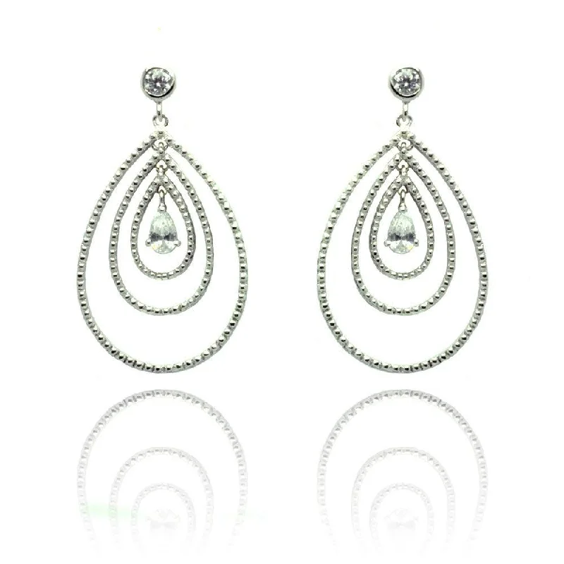 Ladies earrings etched pattern styles-Silver 925 Rhodium Plated Round Teardrop CZ Dangling Stud Earrings - STE00653