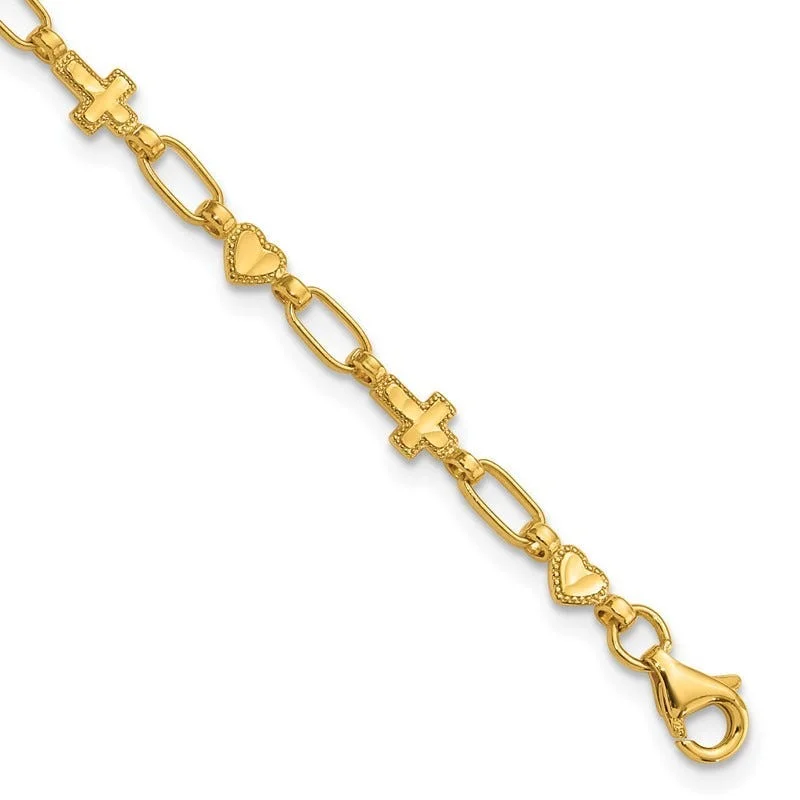 ladies bracelet smooth black friday-Sterling Silver Gold-tone 7.5 inch Heart and Cross Bracelet