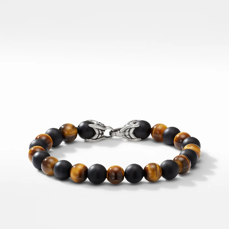 ladies bracelet smooth silver-Men's Spiritual Beads Bracelet with Tiger's Eye and Black Onyx 8MM