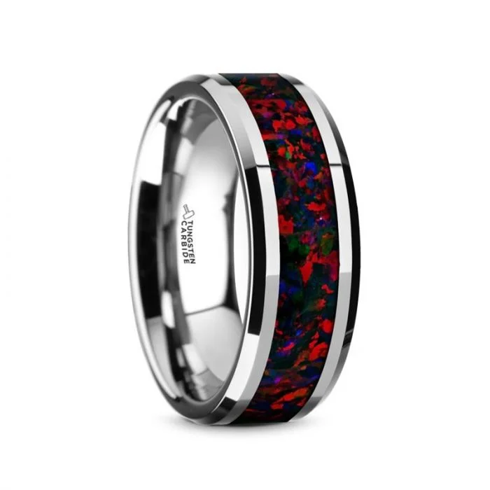 Ladies rings adjustable size options-Thorsten HALLEY Tungsten Carbide Black Opal Inlay Men’s Wedding Band with Beveled Edges - 8mm