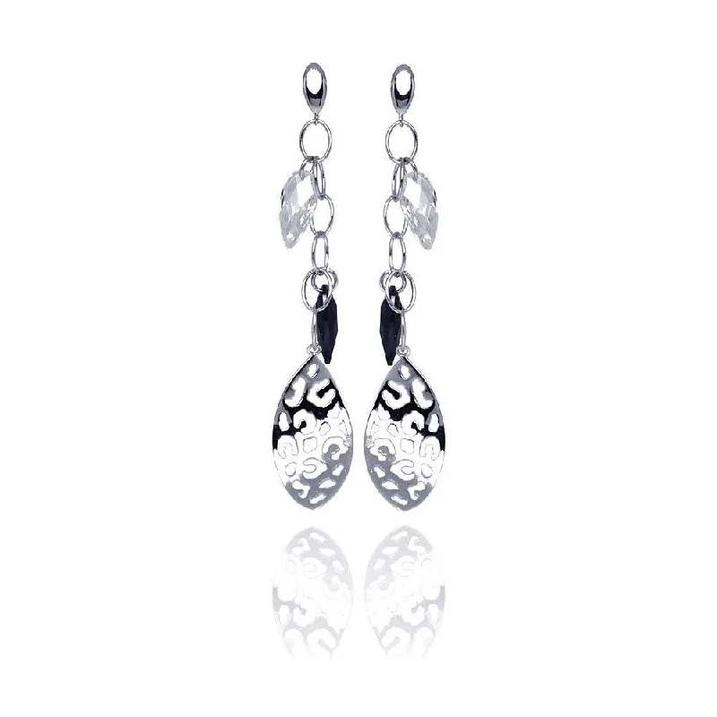 Ladies earrings sculptural shape earrings-Clearance-Silver 925 Rhodium Plated Black and Clear Marquise CZ Flat Filigree Wire Dangling Stud Earrings - STE00290BLK