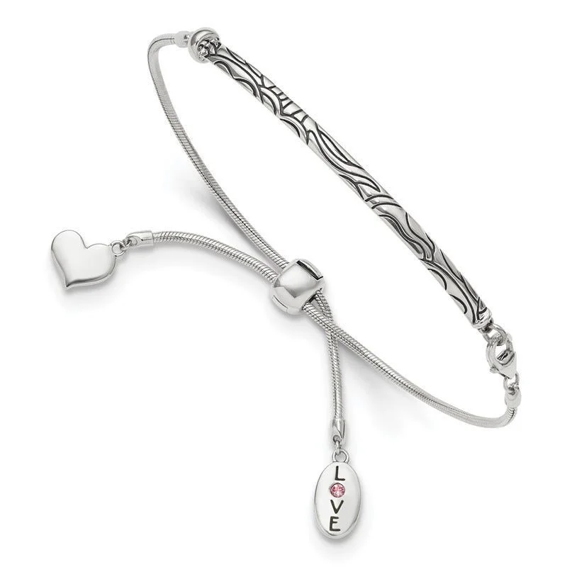 ladies bracelet name flower-Sterling Silver Antiqued Reflections Crystal Love Heart Adjust Bracelet