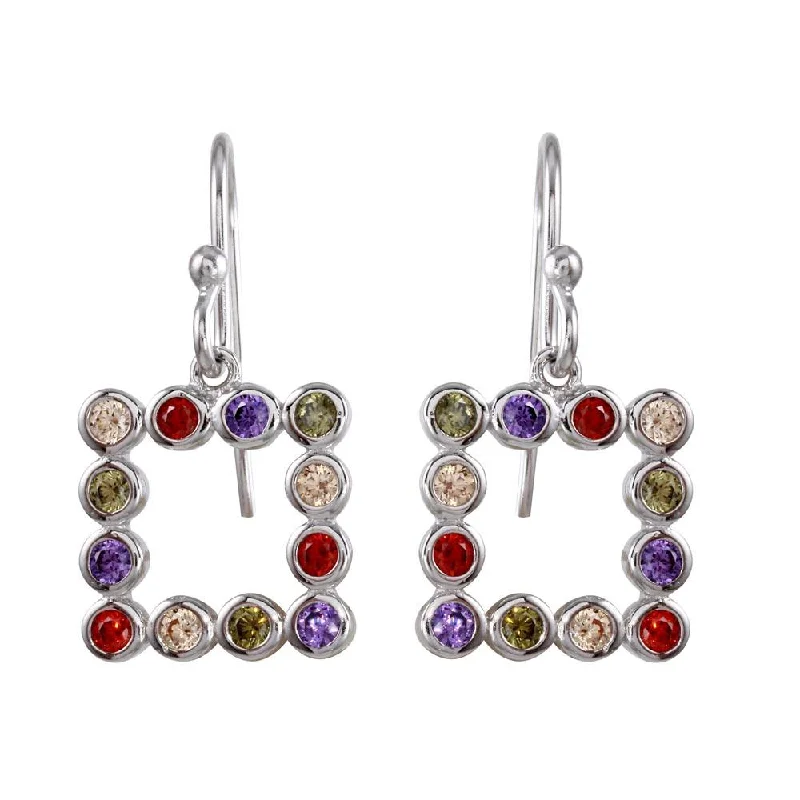 Ladies earrings sci-fi inspired earrings-Rhodium Plated 925 Sterling Silver Multi-Colored CZ Open Square Earrings - STE01139