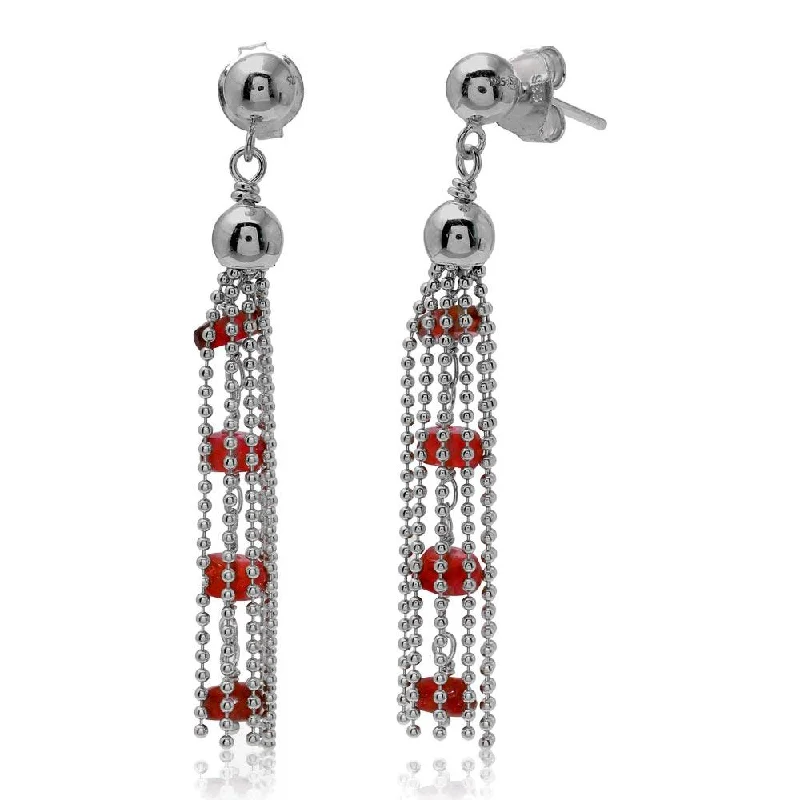 Ladies earrings tribal pattern styles-Rhodium Plated 925 Sterling Silver Dropped Bead Chain and Dark Red Bead Earrings - DIE00004RH-GR