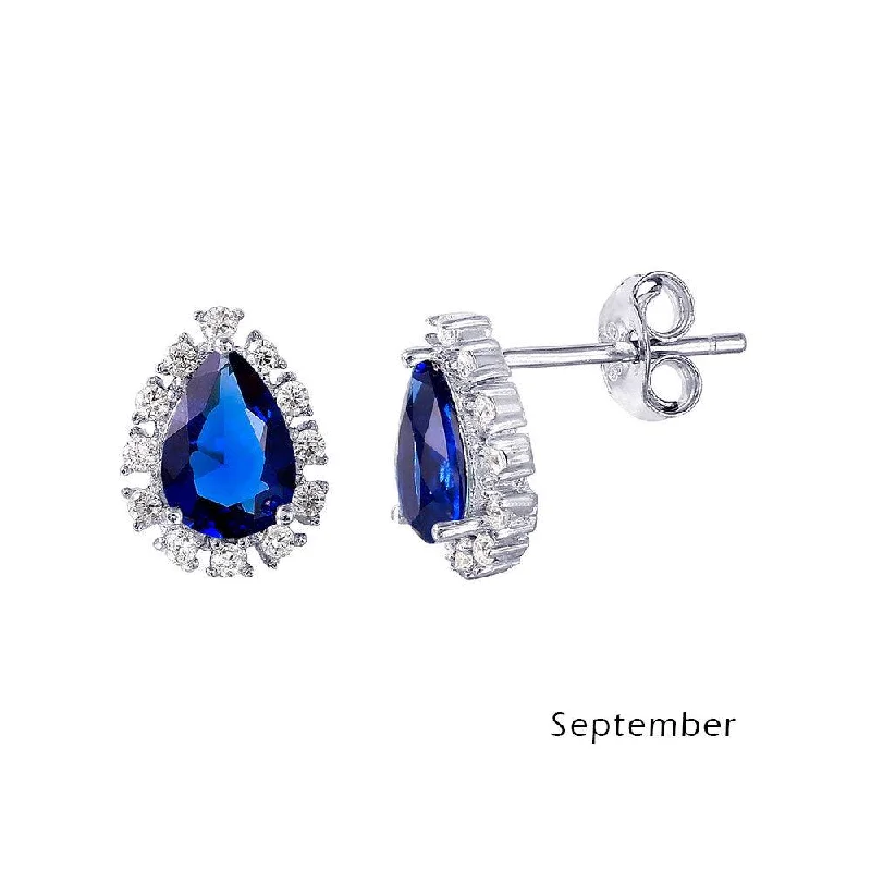 Ladies earrings collectible jewelry items-Rhodium Plated 925 Sterling Silver Teardrop Halo CZ Birthstone Earrings September - STE01027-SEP