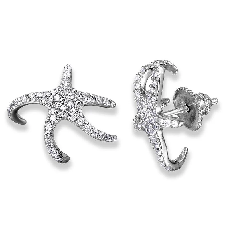 Ladies earrings physical store locations-Silver 925 Rhodium Plated Hugging CZ Starfish Earrings - GME00045