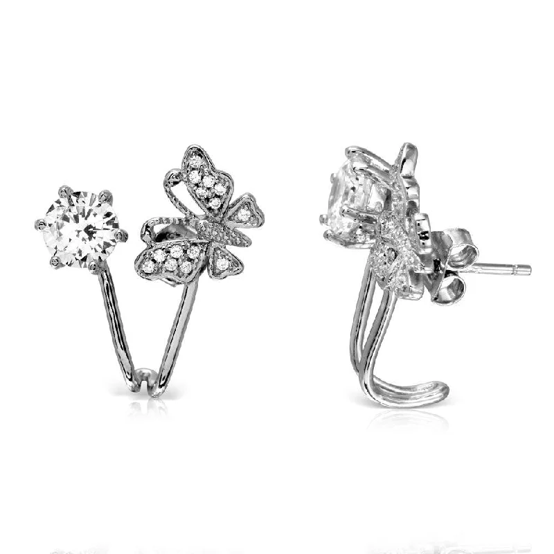 Ladies earrings stainless steel options-Rhodium Plated 925 Sterling Silver Butterfly with CZ Topped with Round CZ Earrings - BGE00511