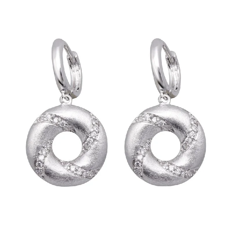 Ladies earrings pave set styles-Silver 925 Rhodium Plated Open Circle Stripped CZ Dangling huggie hoop Earrings - BGE00136