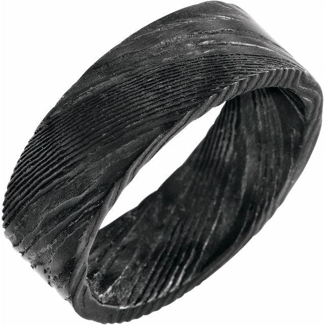 Ladies rings contemporary bold styles-Damascus Steel 8 mm Flat Black Patterned Band