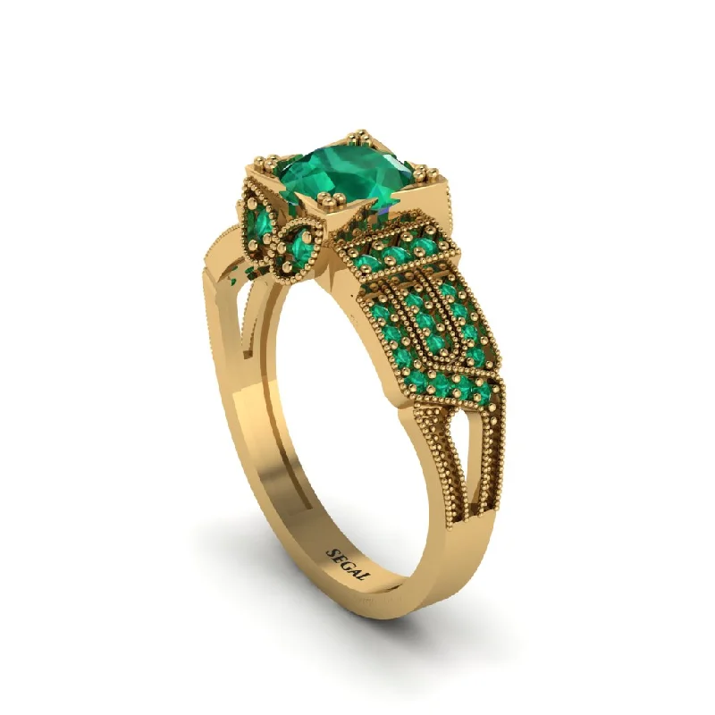 Ladies engagement rings rose-cut diamond bands-Emerald Milgrain Gold Engagement Ring - Lyric No. 19