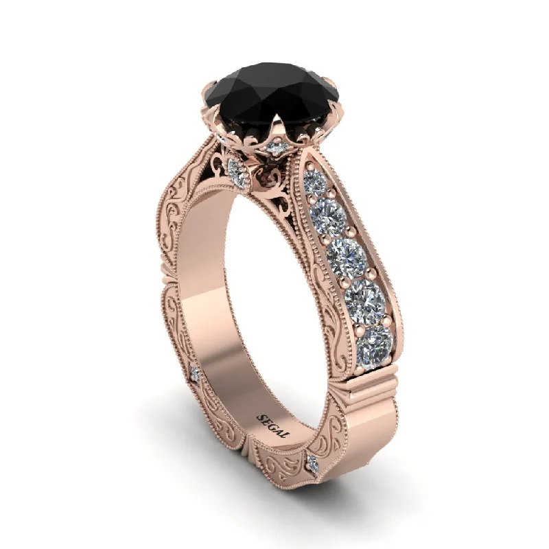 Ladies engagement rings bold halo styles-Black Diamond Victorian Scroll Engagement Ring - Kehlani No. 8