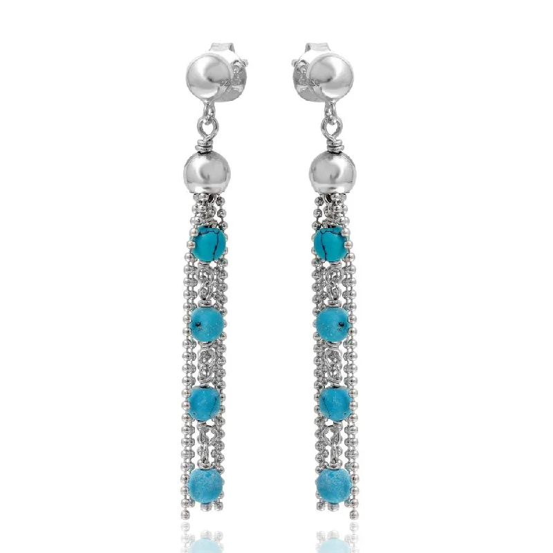 Ladies earrings single stone styles-Rhodium Plated 925 Sterling Silver Dropped Bead Chain and Turquoise Bead Earrings - DIE00004RH-TQ