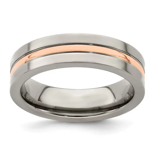 Ladies rings retro futuristic styles-Edward Mirell Titanium And 14k Rose Gold Grooved 6mm Band