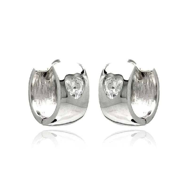 Ladies earrings matte finish options-Silver 925 Rhodium Plated Hear Clear CZ huggie hoop Earrings - STE00879