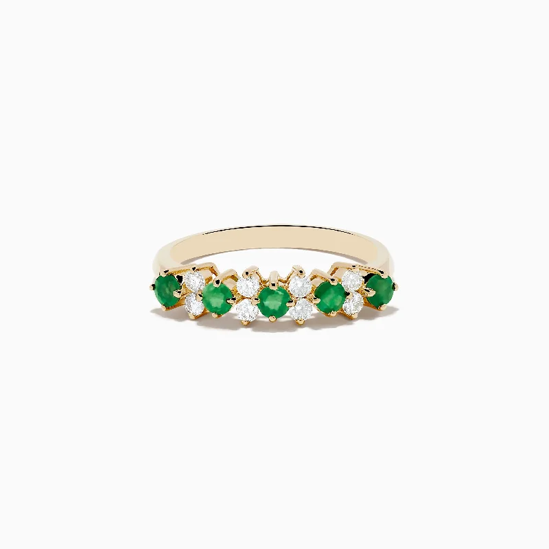 Ladies rings friendship circle styles-14K Yellow Gold Emerald and Diamond Band, 0.64 TCW