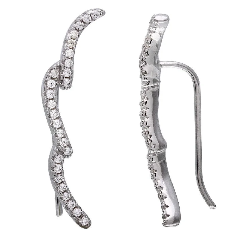 Ladies earrings stretch wire styles-Rhodium Plated 925 Sterling Silver 3 CZ Waves Climbing Earrings - STE01075