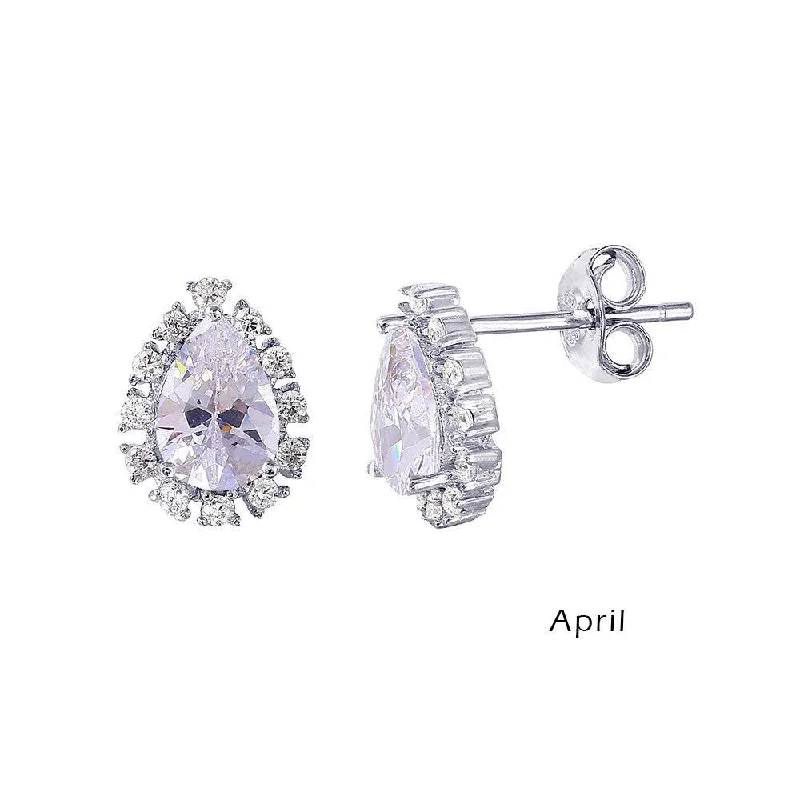 Ladies earrings elegant timeless looks-Rhodium Plated 925 Sterling Silver Teardrop Halo CZ Birthstone Earrings April - STE01027-APR