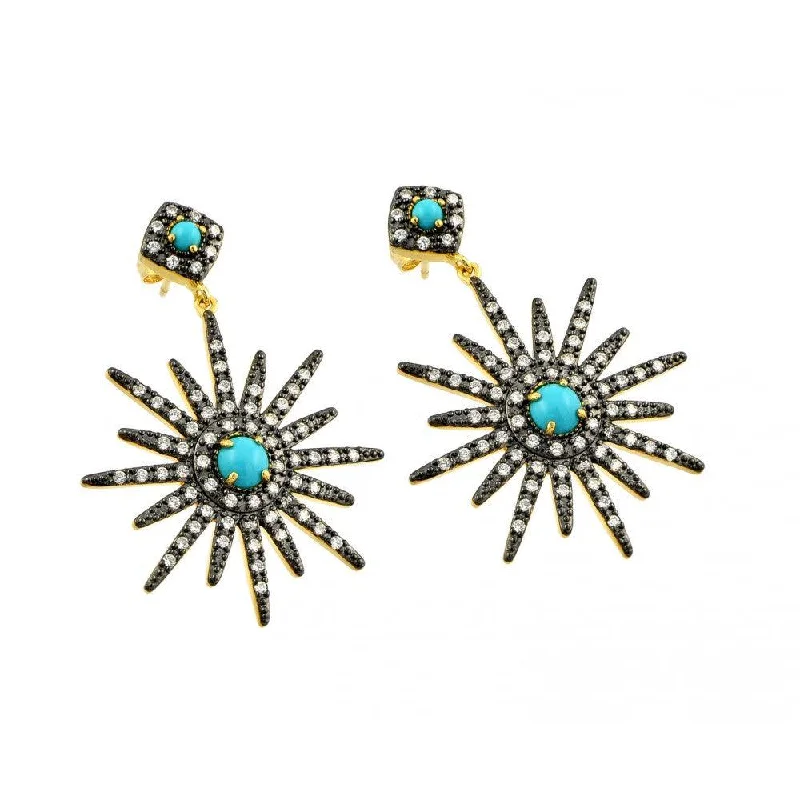 Ladies earrings low maintenance styles-Silver 925 Two Toned Gold and Black Rhodium Plated Sun Clear CZ Turquoise Round Dangling Stud Earrings - BGE00343