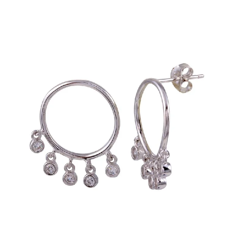 Ladies earrings Mother’s Day treasures-Rhodium Plated 925 Sterling Silver Dangling Open Circle CZ Earrings - BGE00644