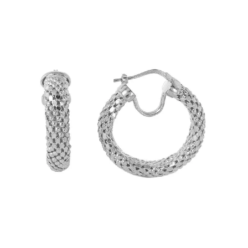 Ladies earrings tiered gem designs-Clearance-Silver 925 Rhodium Plated Thin Hoop Chain-texture Earrings - ITE00060RH