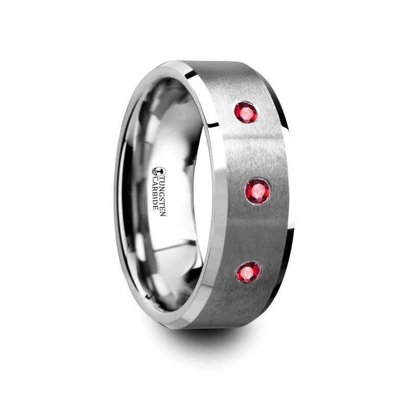 Ladies rings wedding accessory pieces-Thorsten NEREUS Brushed Tungsten Flat Wedding Band with Polished Beveled Edges & Rubies - 8mm