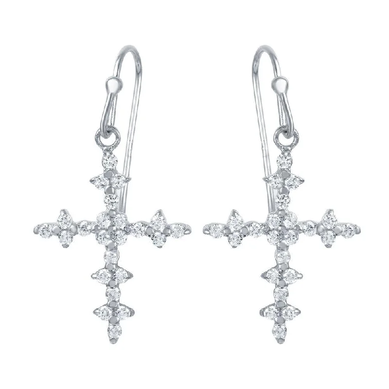 Ladies earrings leather detail designs-Silver 925 Rhodium Plated Small Floral Cross Earrings with CZ Accents - STE00971