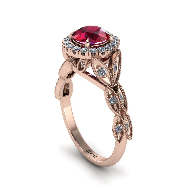 Ladies engagement rings solitaire stones-Ruby Halo Nature Inspired Leaf Engagement Ring - Alessandra No. 11