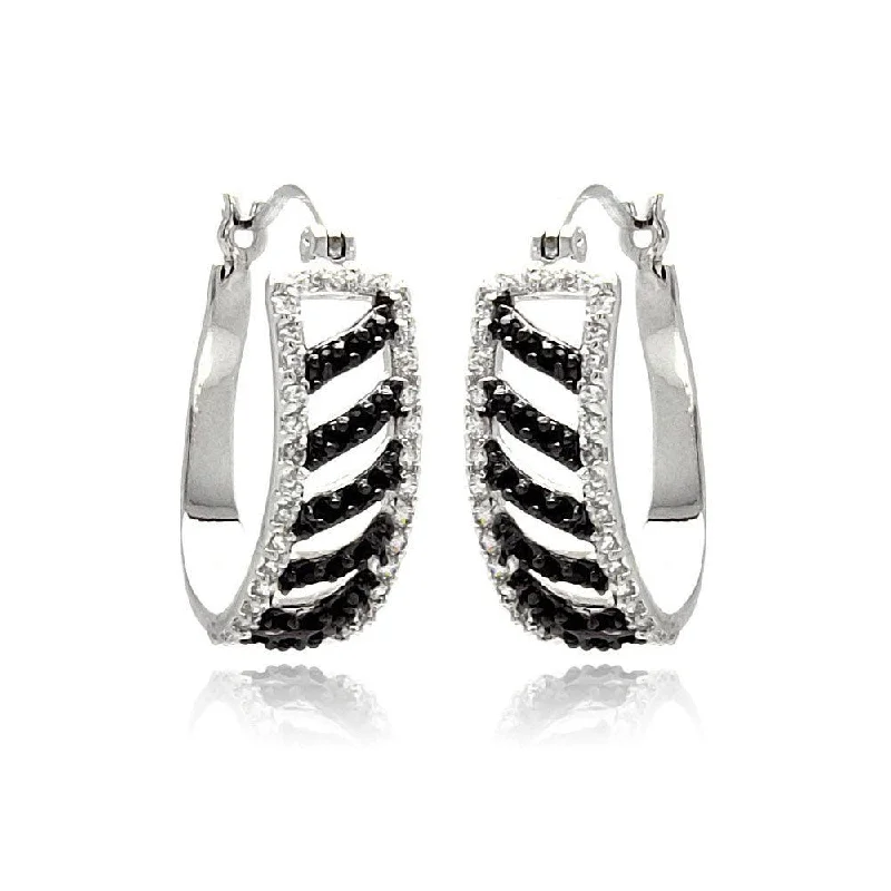 Ladies earrings exclusive limited editions-Silver 925 Rhodium Plated White Enamel Black Stripe CZ Hoop Earrings - BGE00242