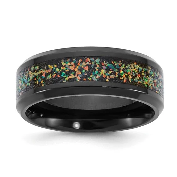 Ladies rings pear cut styles-Titanium Black IP-plated Multi-color Opal Inlay 8mm Band