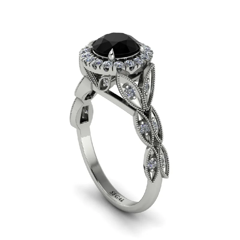 Ladies engagement rings budget picks-Black Diamond Halo Nature Inspired Leaf Engagement Ring - Alessandra No. 9