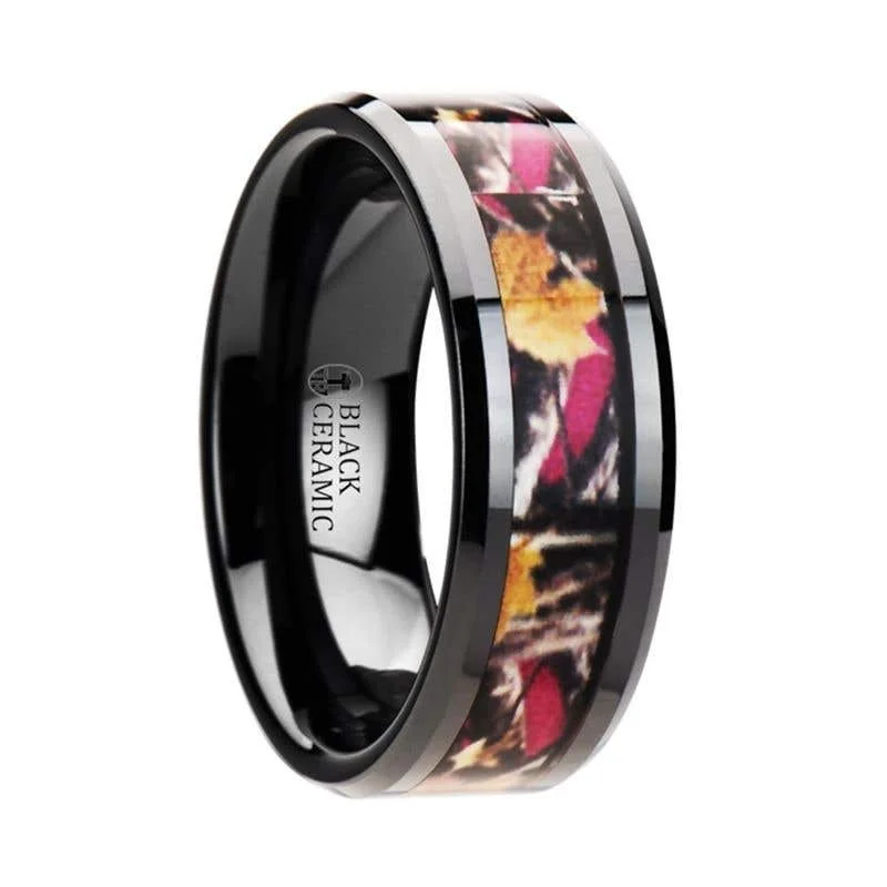 Ladies rings tarnish-free rings-Thorsten LAUREL Realistic Tree Camo Black Ceramic Wedding Band with Real Pink Oak Leaves - 6mm - 8mm