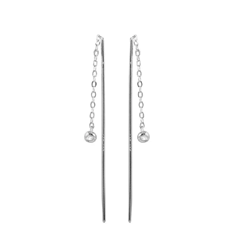 Ladies earrings punk style vibes-Rhodium Plated 925 Sterling Silver CZ Chain Dangling Earrings - STE01220