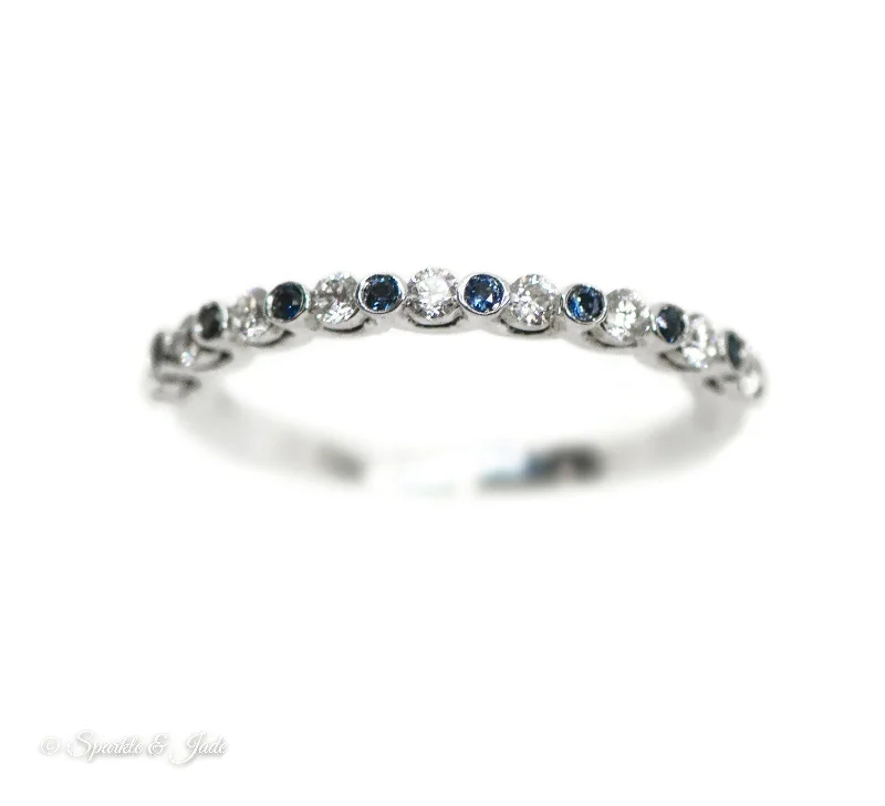 Ladies rings minimalist art styles-14k White Gold Bezel Set Blue Sapphire & Diamond Anniversary Band