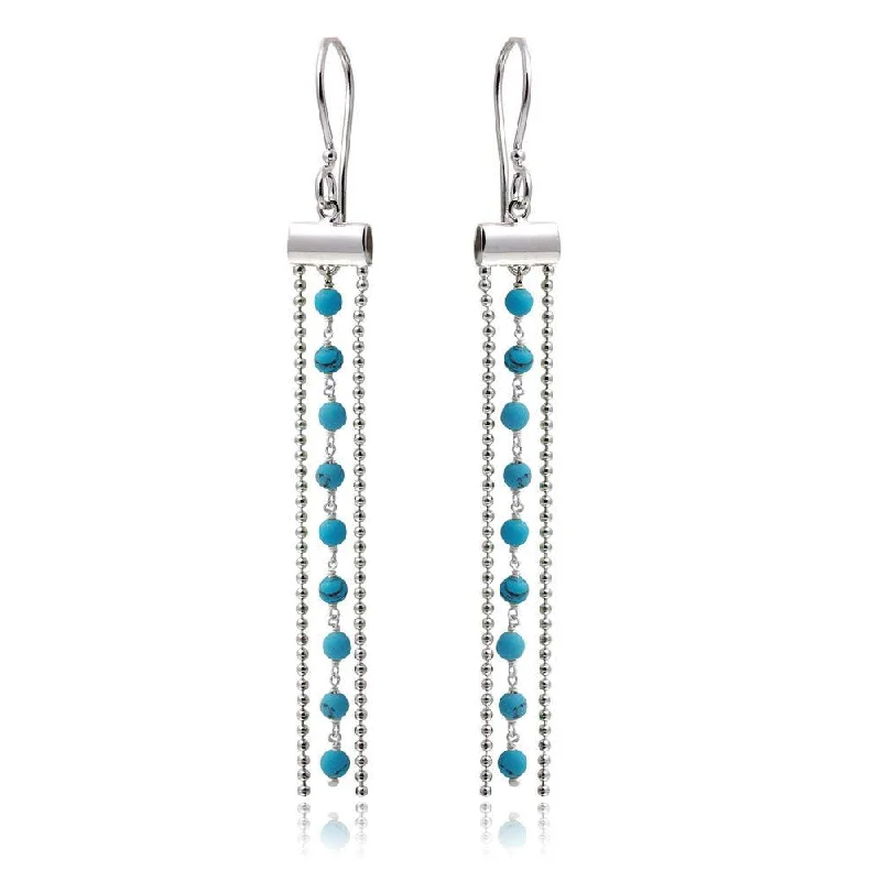 Ladies earrings initial letter designs-Rhodium Plated 925 Sterling Silver Dangling Tassel Earrings with Turquoise Beads - DIE00005RH-TQ