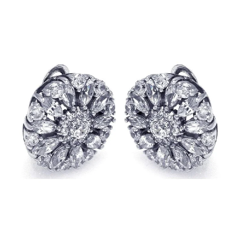 Ladies earrings luxury brand picks-Silver 925 Rhodium Plated Round Flower Clear CZ Stud Earrings - STE00725