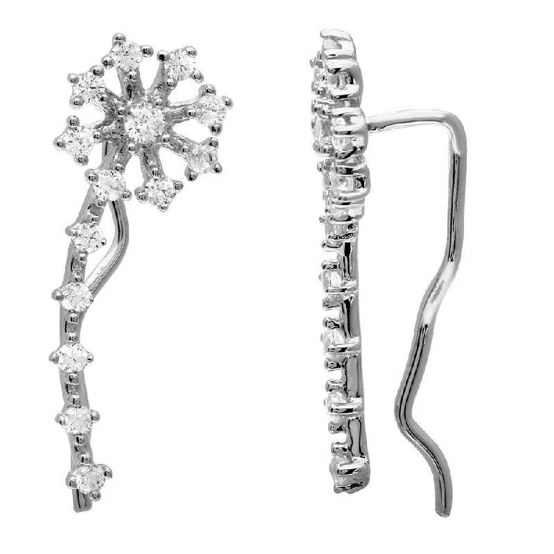 Ladies earrings secure post designs-Rhodium Plated 925 Sterling Silver CZ Flower Climbing Earrings - GME00069RH