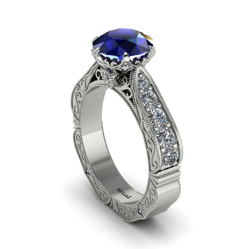 Ladies engagement rings vintage diamond bands-Sapphire Victorian Scroll Engagement Ring - Kehlani No. 15