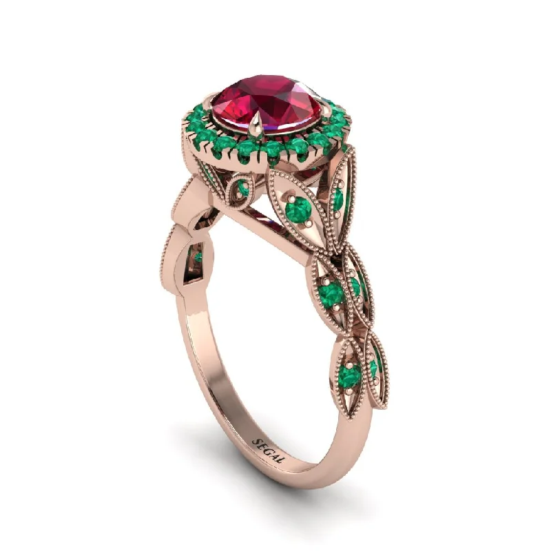 Ladies engagement rings timeless elegance-Ruby Halo Nature Inspired Leaf Engagement Ring - Alessandra No. 26