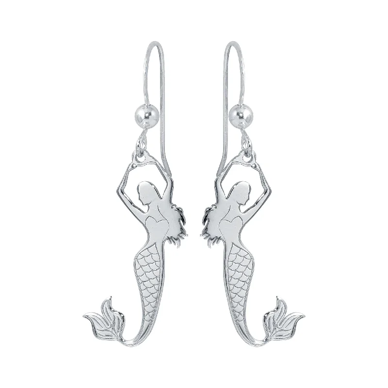 Ladies earrings birth month designs-Rhodium Plated 925 Sterling Silver Dangling Mermaid Earrings - SOE00032