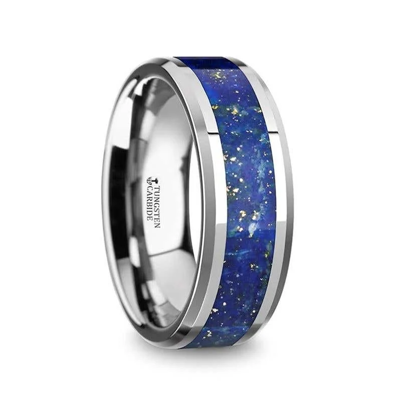 Ladies rings collectible jewelry items-Thorsten OSIAS Tungsten Wedding Band with Blue Lapis Inlay & Beveled Edges - 8mm