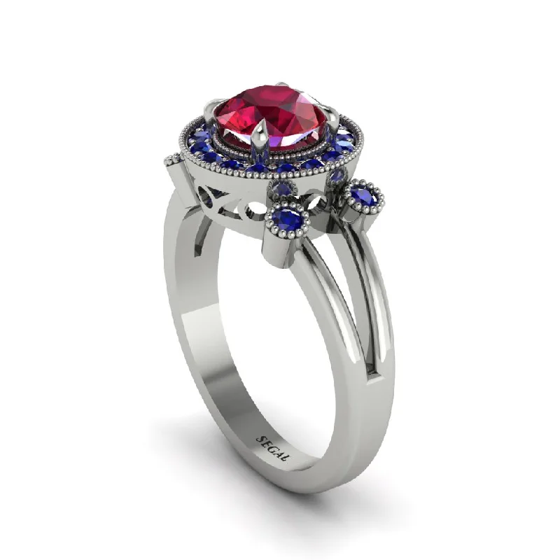 Ladies engagement rings filigree diamond bands-Radiant Ruby Halo Gold Engagement Ring - Madilyn No. 72