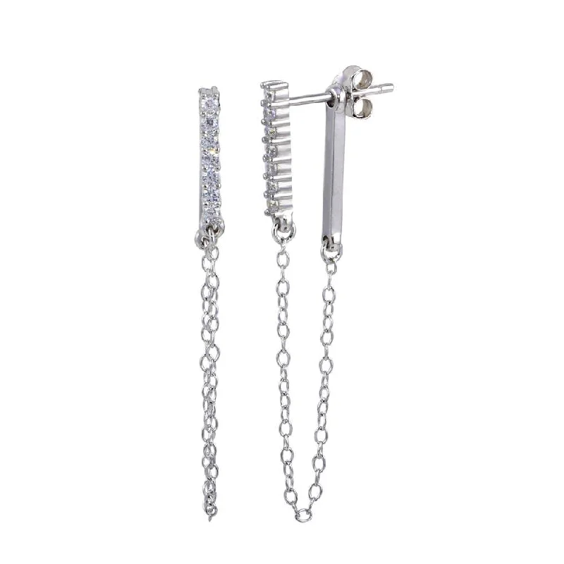 Ladies earrings youthful charm designs-Rhodium Plated 925 Sterling Silver CZ Bar Dangling Chain  Earrings - STE01172RH