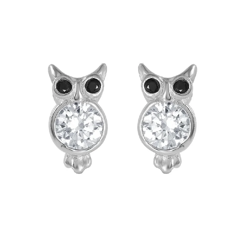 Ladies earrings black diamond earrings-Silver 925 Rhodium Plated Owl Earrings - STE00968