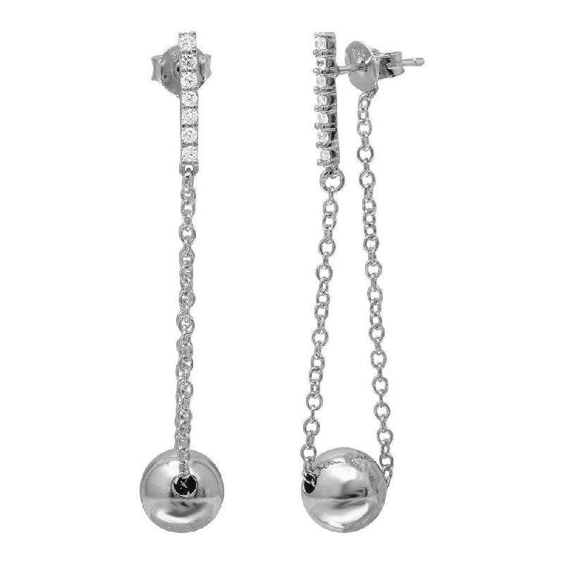 Ladies earrings step cut designs-Rhodium Plated 925 Sterling Silver Dangling Bead CZ Bar Earrings - BGE00509