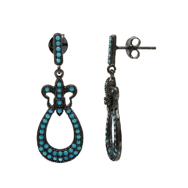 Ladies earrings oval cut styles-Black Rhodium Plated 925 Sterling Silver Dangling  Filigree Turquoise Stone Earrings - BGE00506BKP